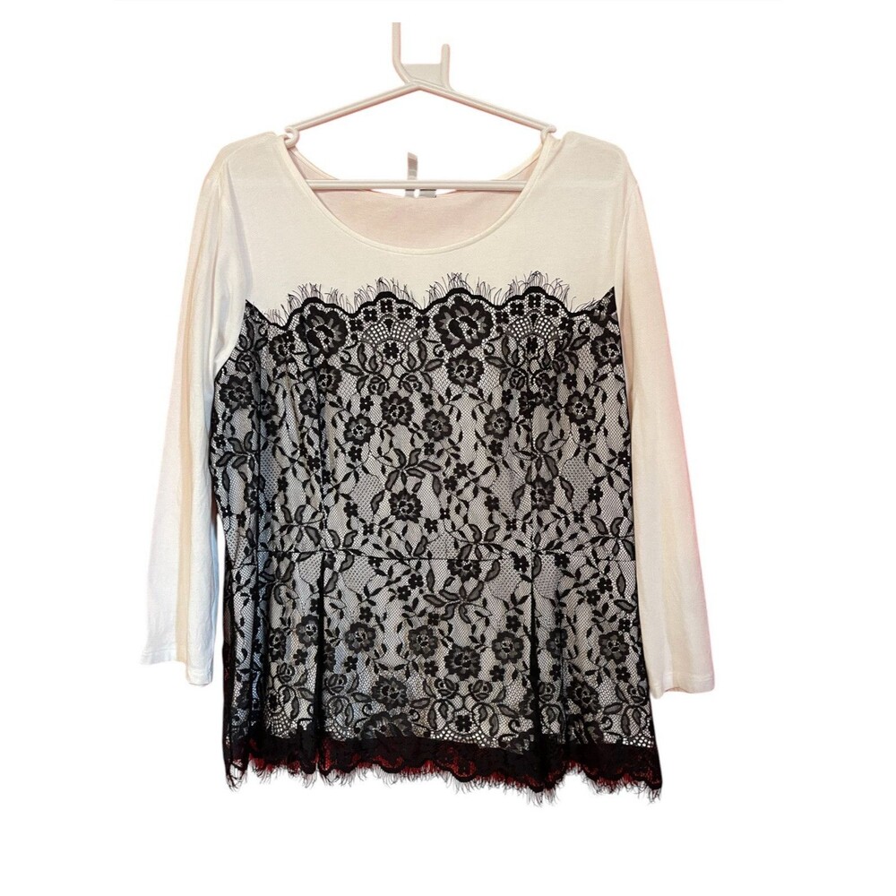 Elle Women’s Lace Overlay Top Size XL White Black Floral Long Sleeve Romantic